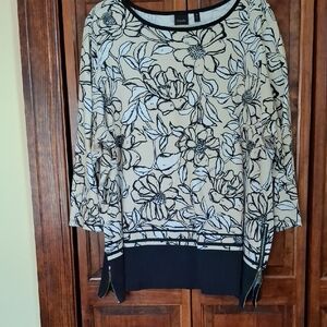 Rafaella Black and Cream Floral Top/Tunic, 3X